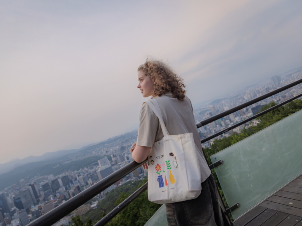 EF student overlooking the Seoul city skyline from an observation deck at sunset.