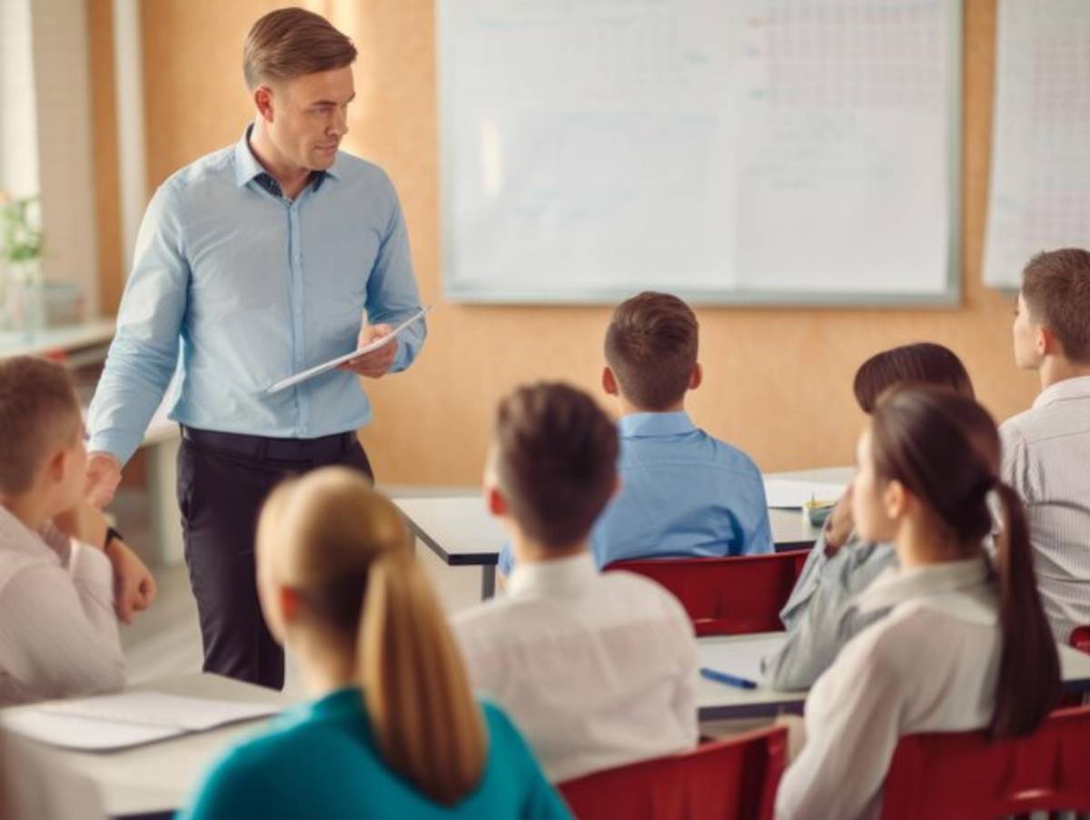 English teacher leading a classroom of students in France, part of a TEFL program abroad