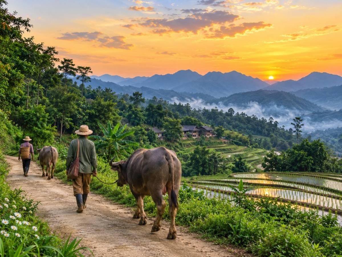 Farmers leading water buffalo through Vietnamese rice terraces