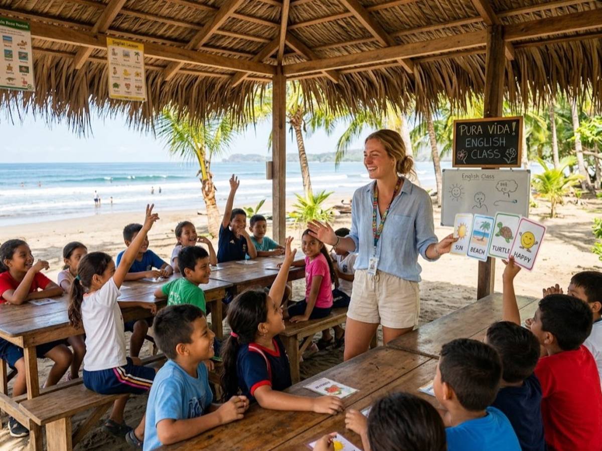 Female teacher leading English lesson under beach shelter in Costa Rica