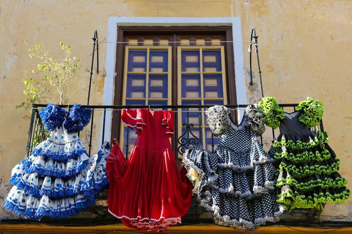 Flamenco dresses on balcony in Madrid