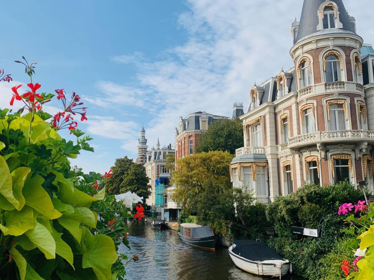 Flowers and a canal in Amsterdam.