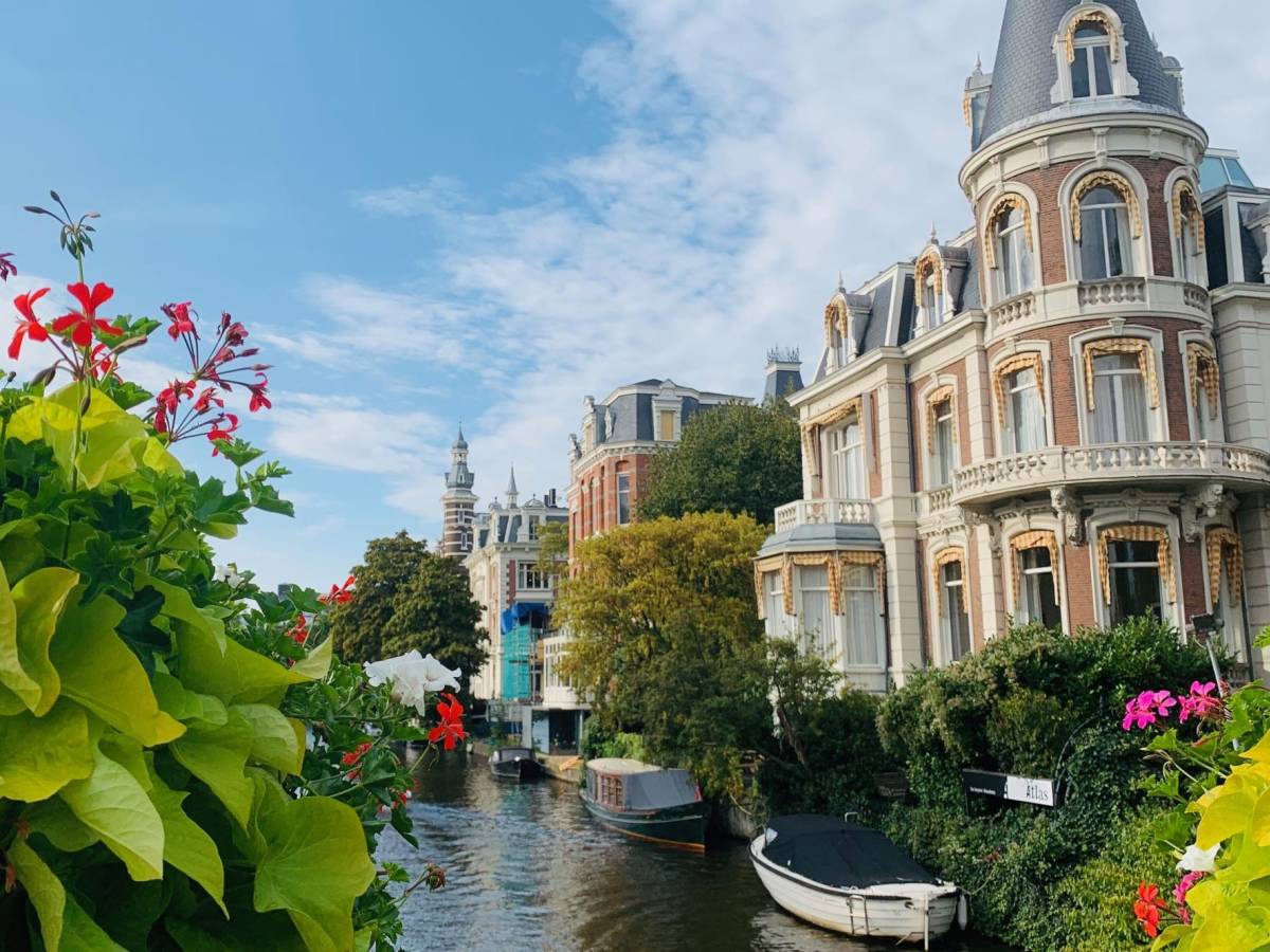 Flowers in front of a canal in Amsterdam.