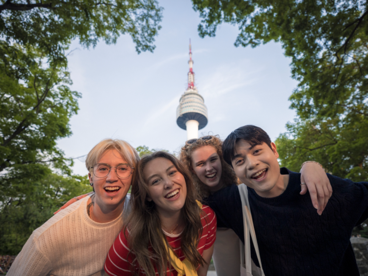 Group of EF students smiling together with N Seoul Tower in the background, framed by trees.