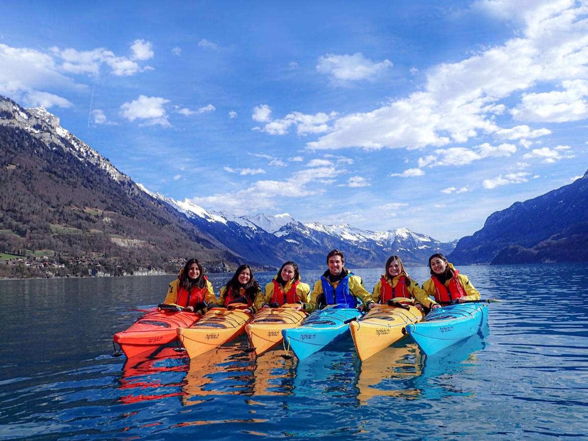 Group of students kayaking in Switzerland