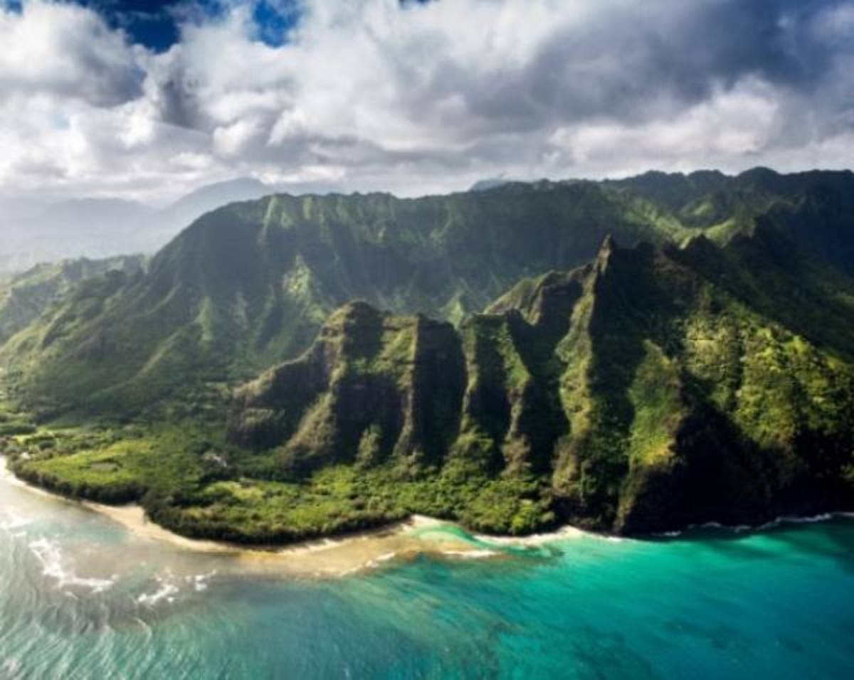aerial view of hawaiian coast with mountains and forest