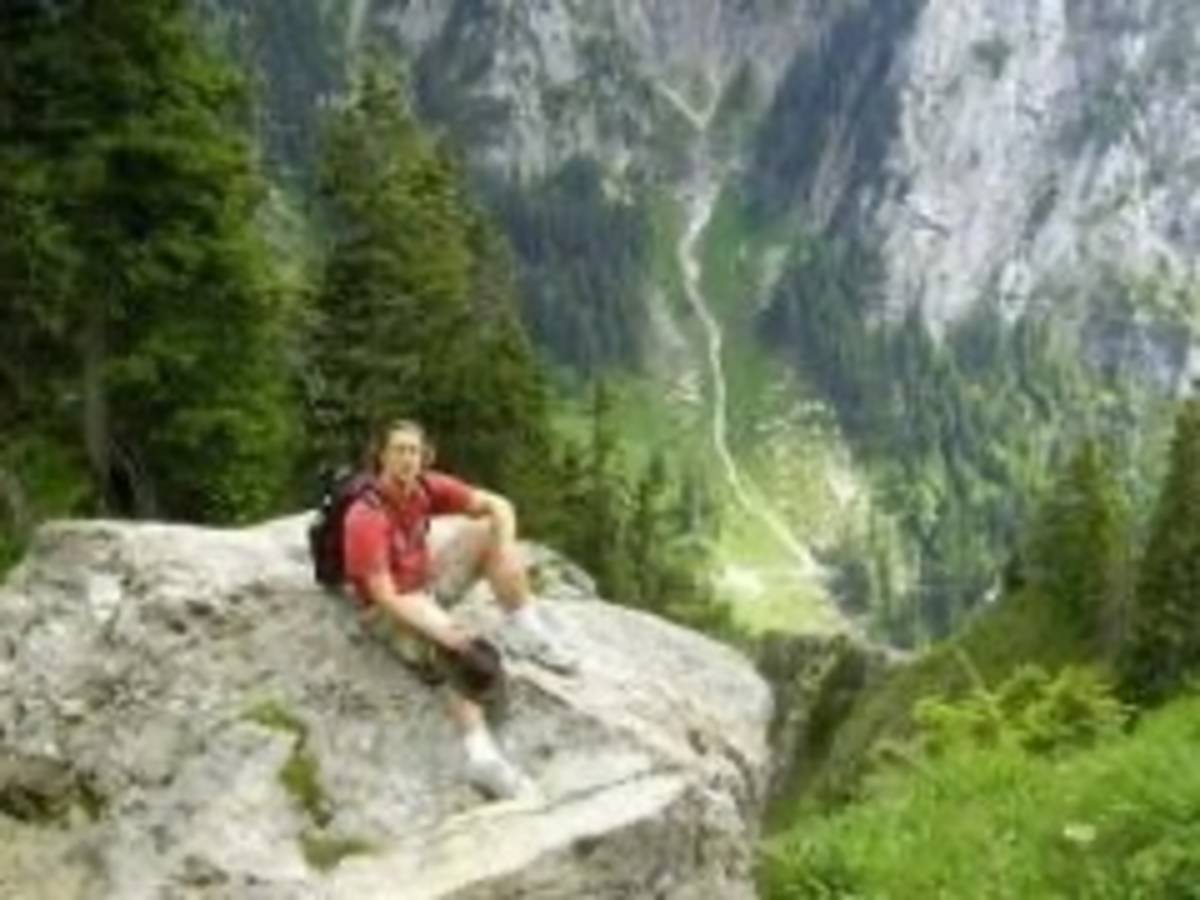 hiker overlooking the forest on top of a cliff