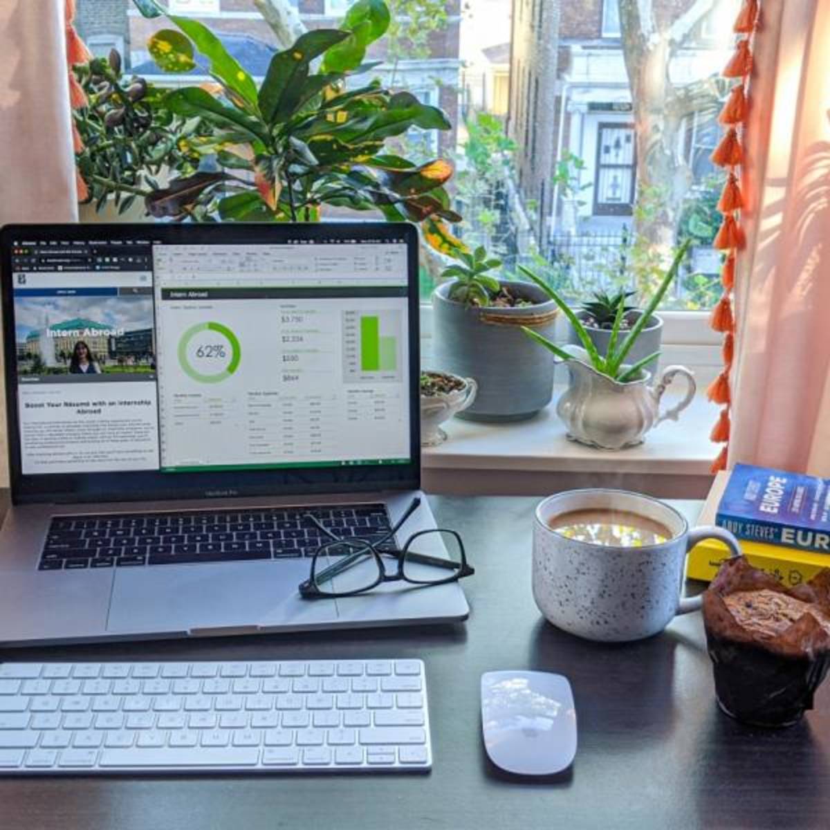 A desk with a laptop, plants, and coffee - ready for an internship.