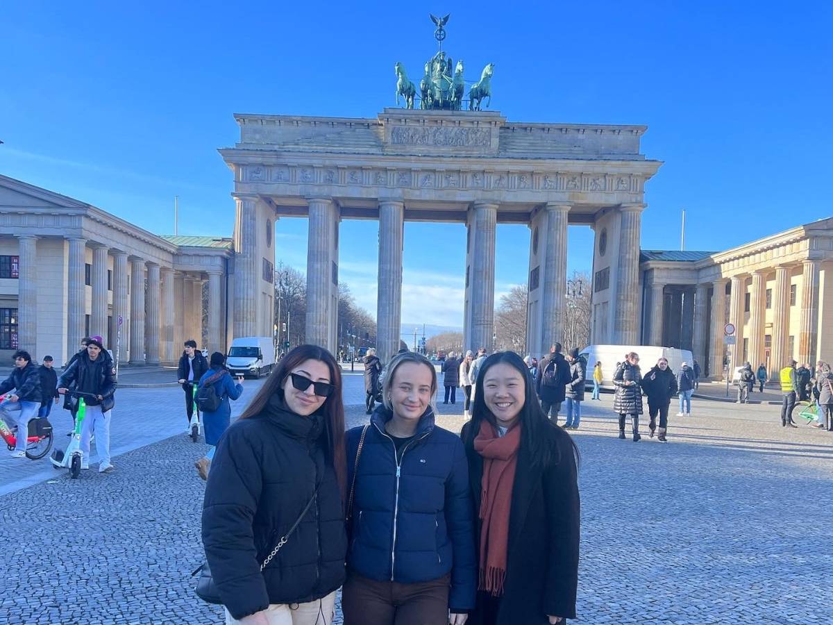 International students and TEFL teachers visiting Berlin's Brandenburg Gate in Germany.