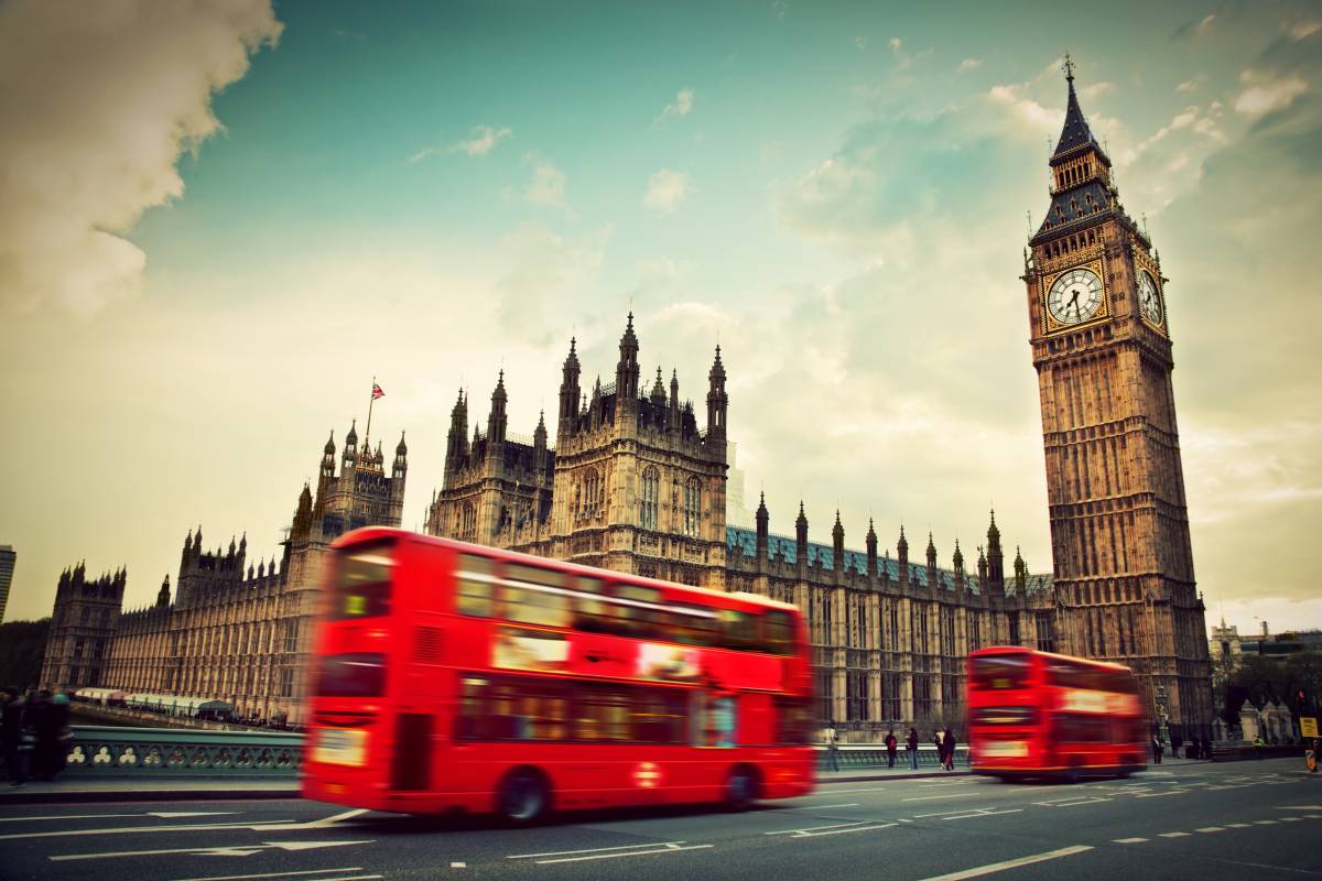 London skyline red buses