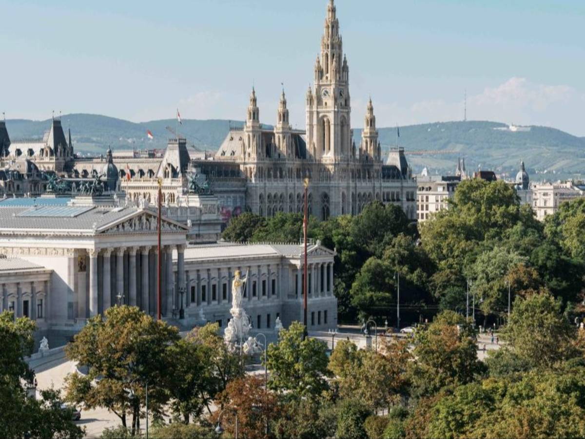 Looking at the Austrian Parliament building from above in Vienna.