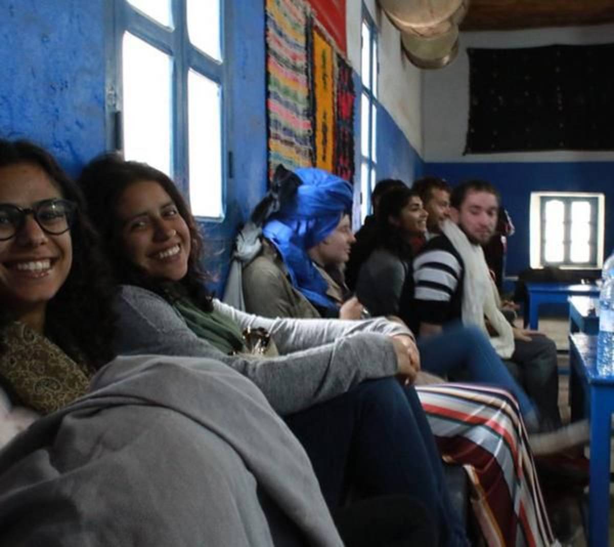 Students posing in Rabat restaurant