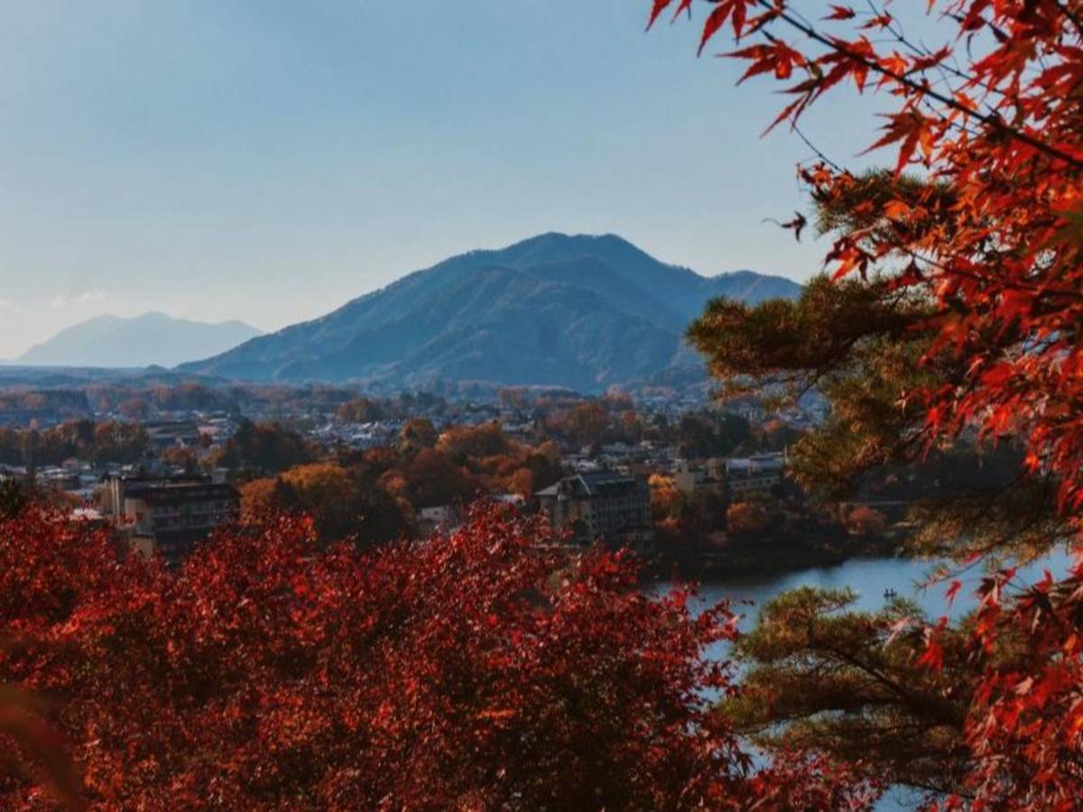 Mount Fugi is centered between tree red leaves.
