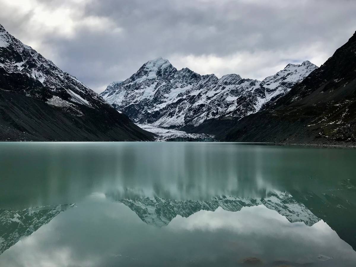 Mountain reflection in glacial lake.
