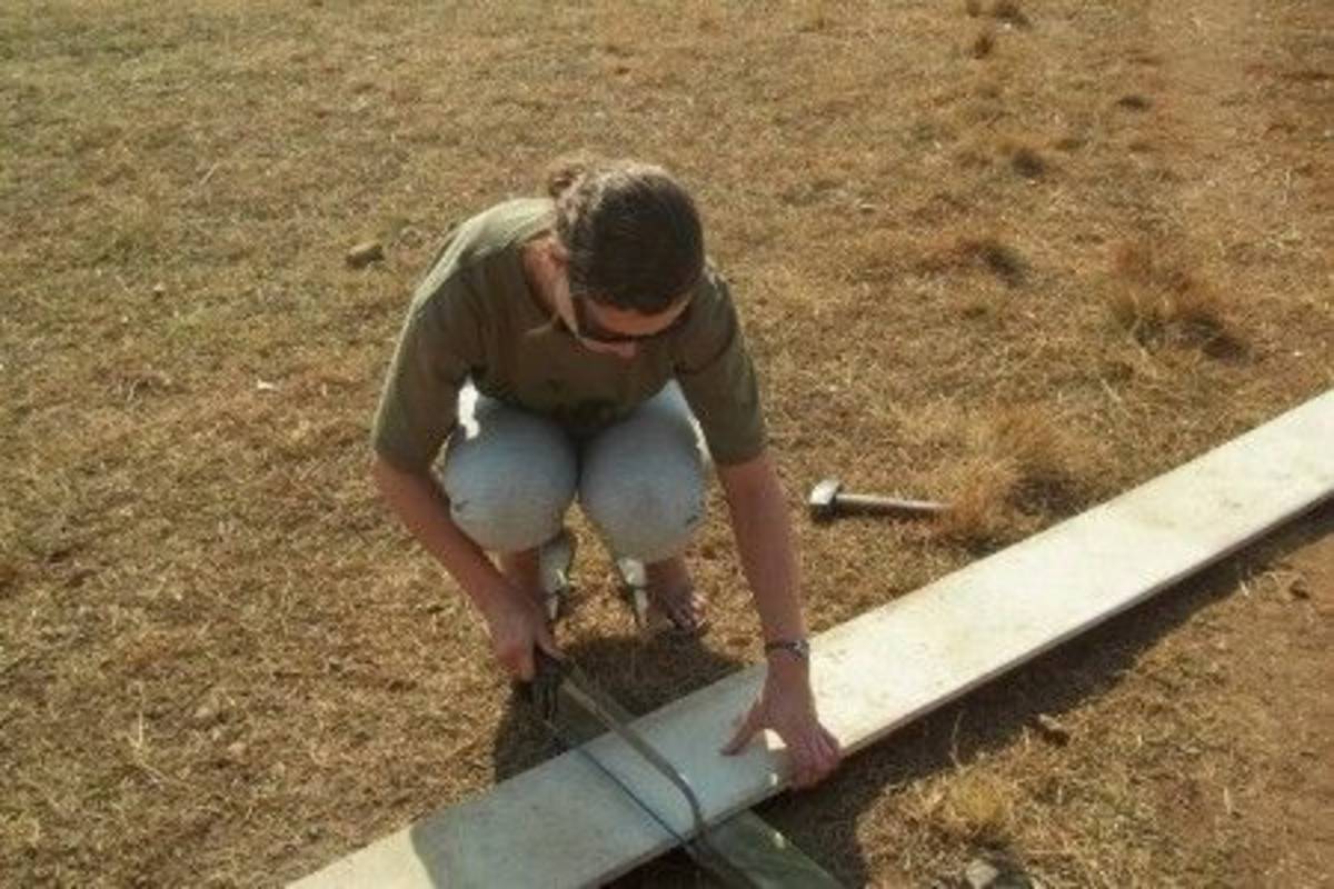 Volunteer cutting the peace of wood