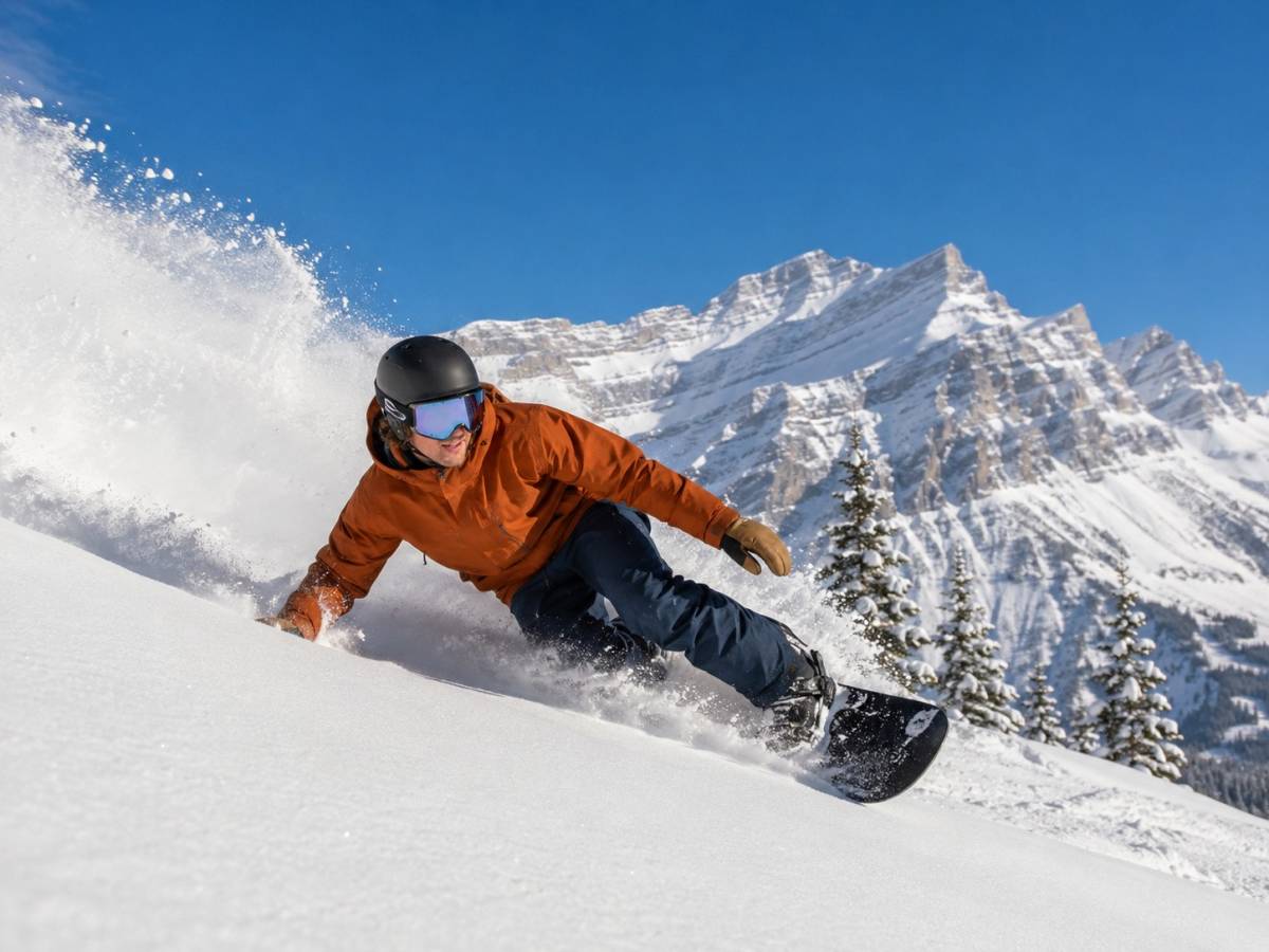 Snowboarder carving through powder in the Canadian Rockies
