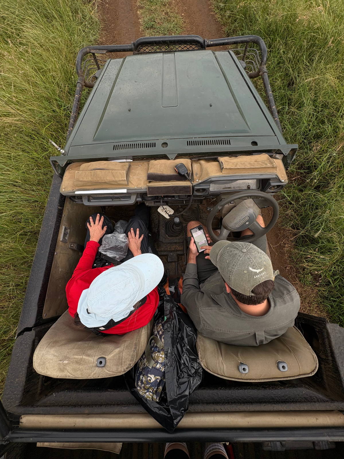 Staff member and volunteer in a vehicle, recording data on wildlife around them