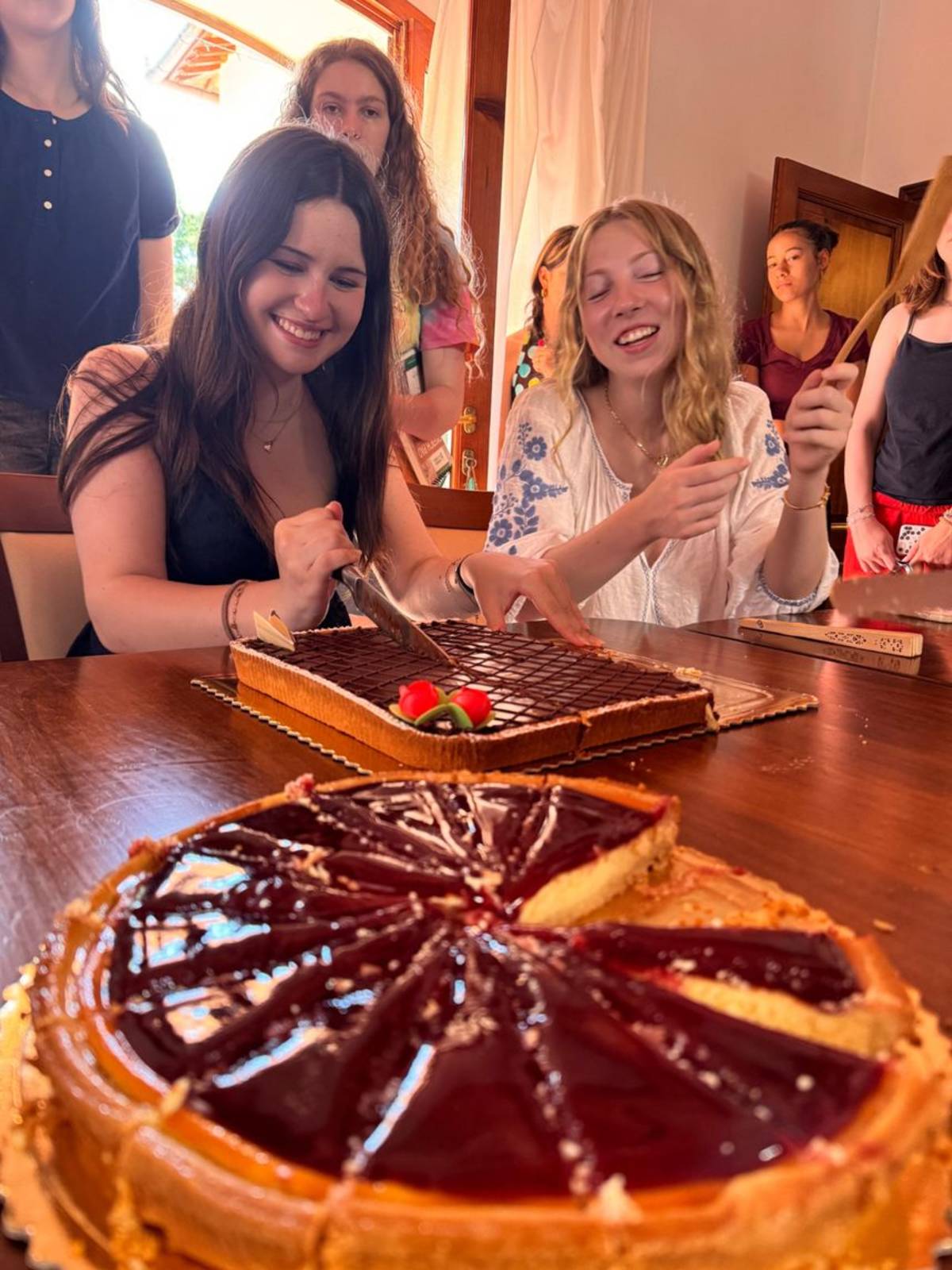 Student cutting a cake in Florence