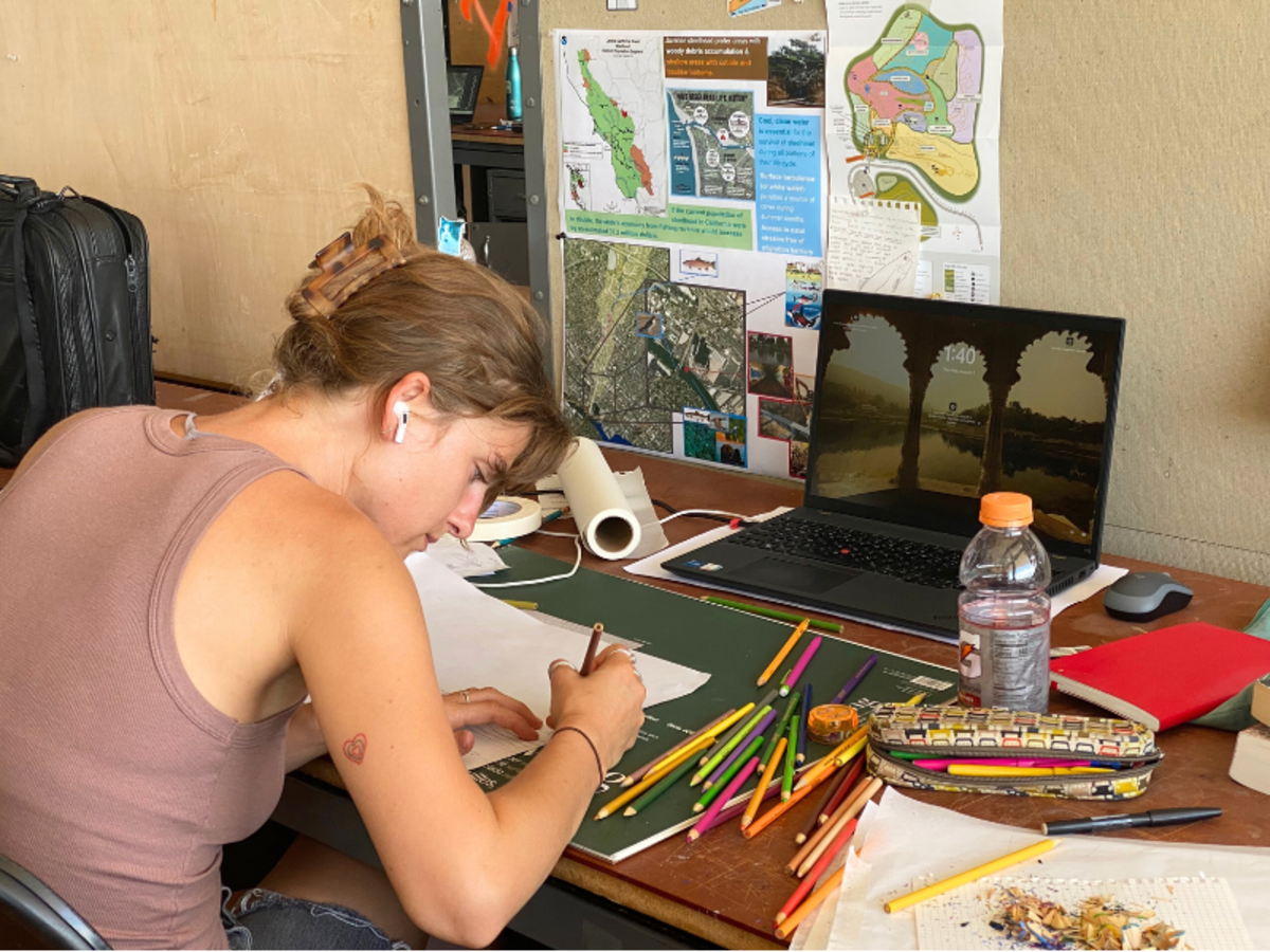 Student drawing with colored pens in studio