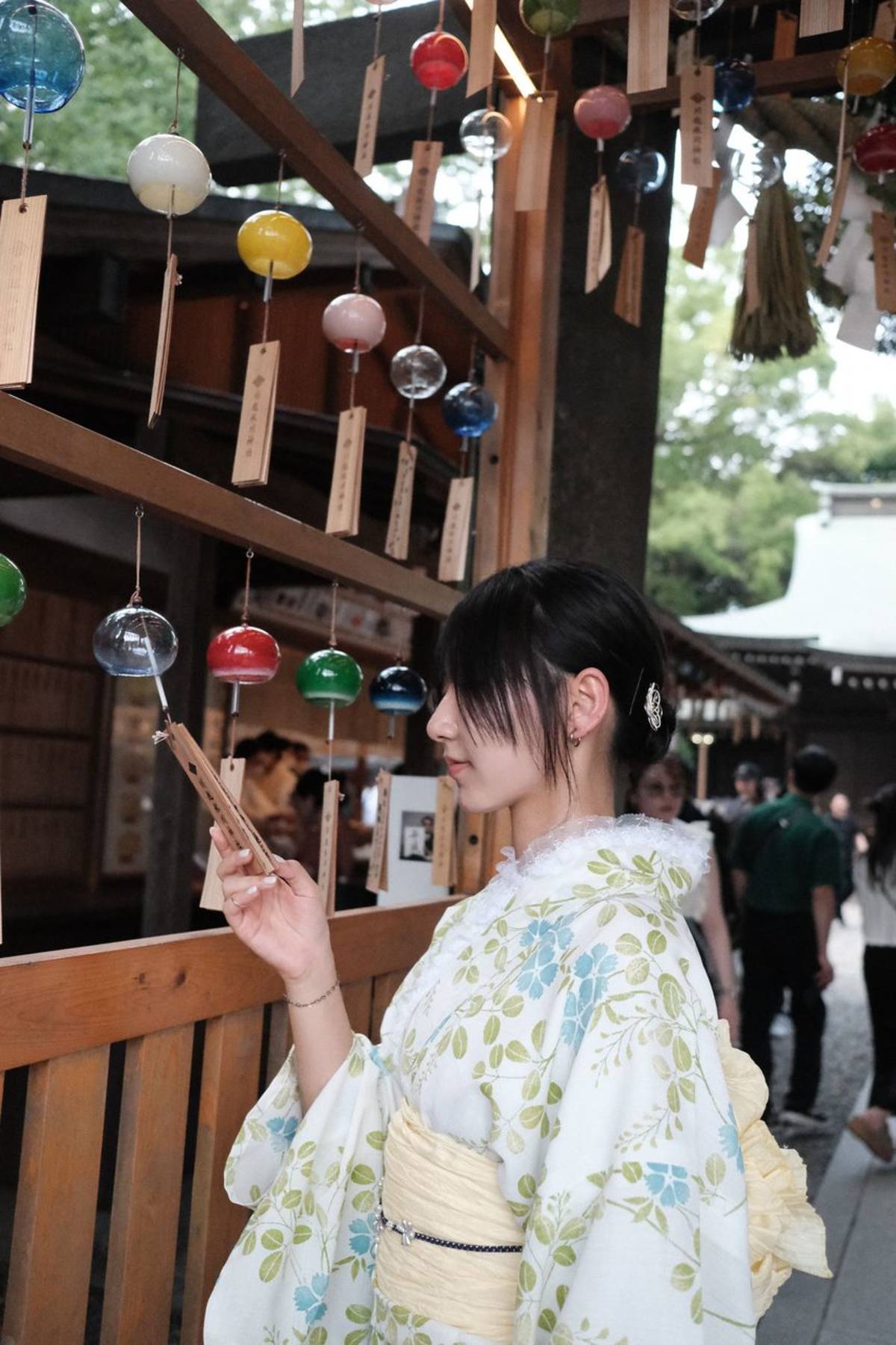 Student dressed in yukata in Japanese temple