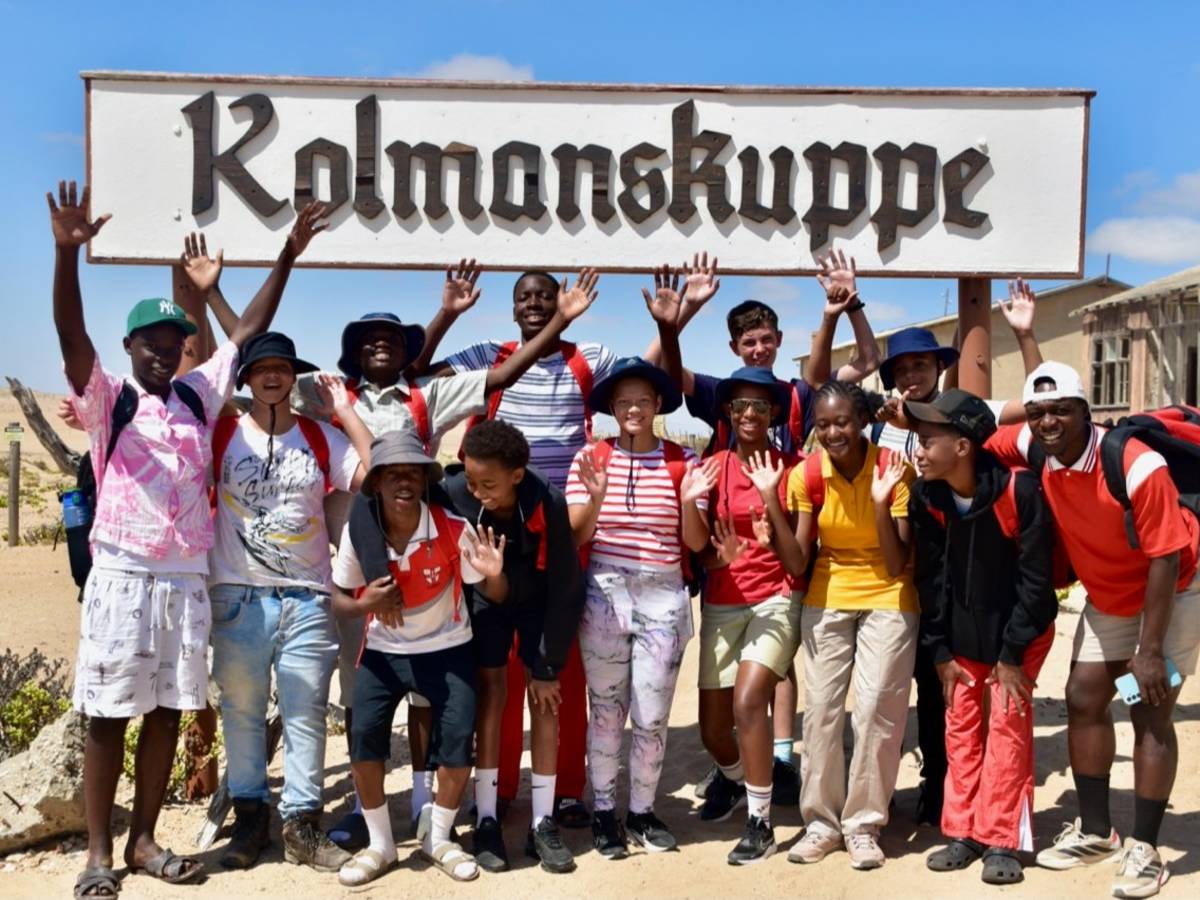 Students at Kolmanskuppe ghost town, Namibia