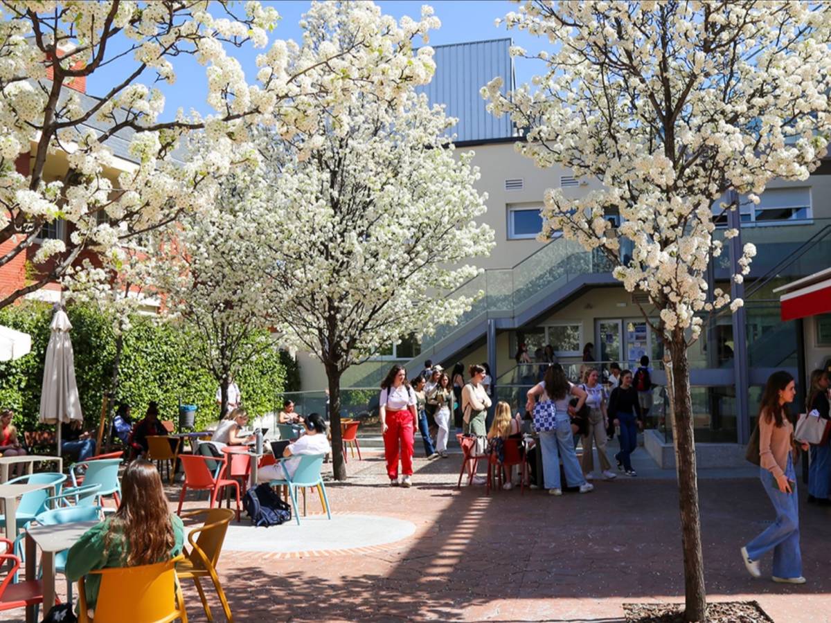Students at the Padre Rubio Hall Patio in the spring.