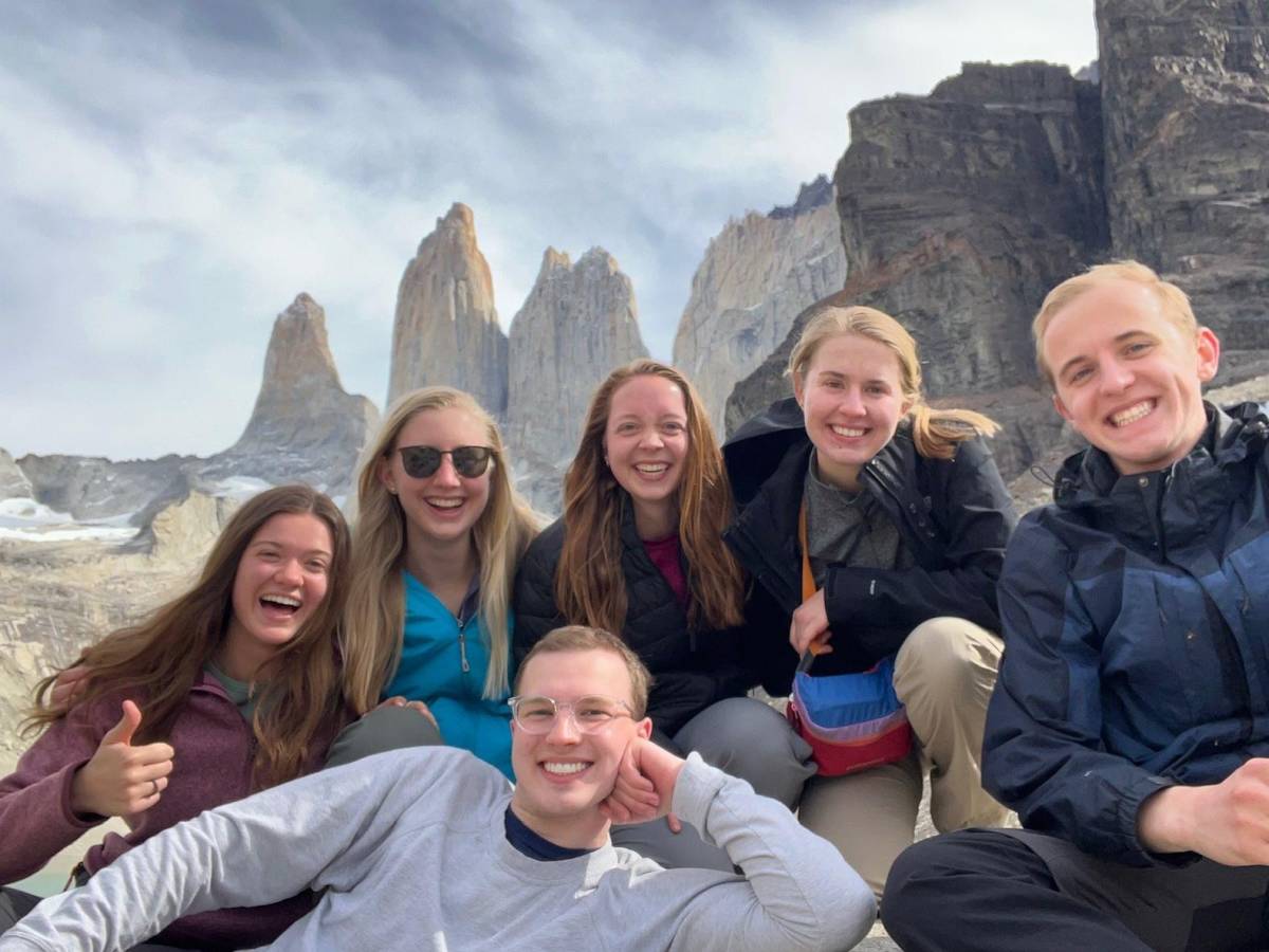 students in Chilean Patagonia with the famous tower mountains