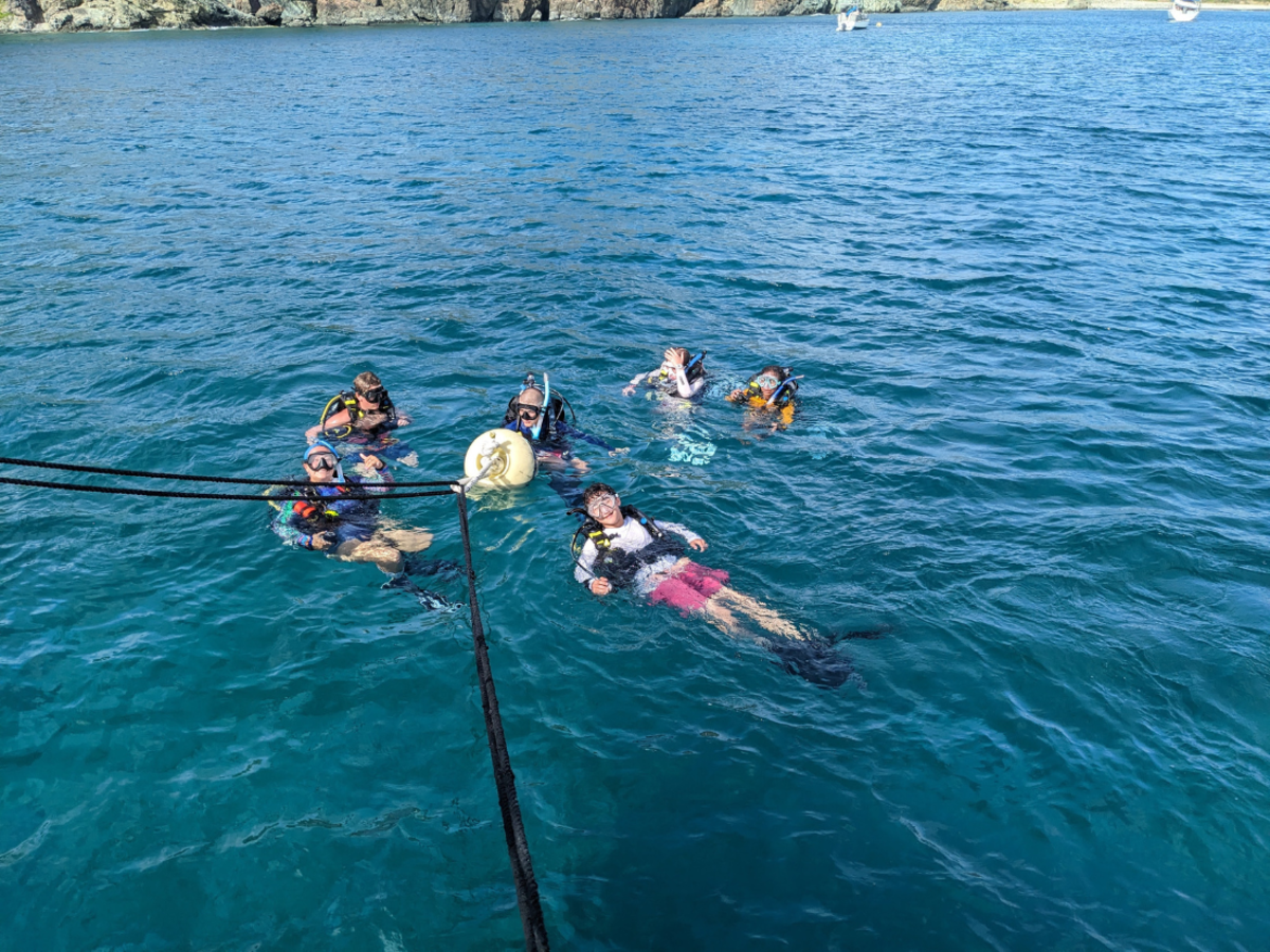students in scuba gear at the water's surface in the Caribbean