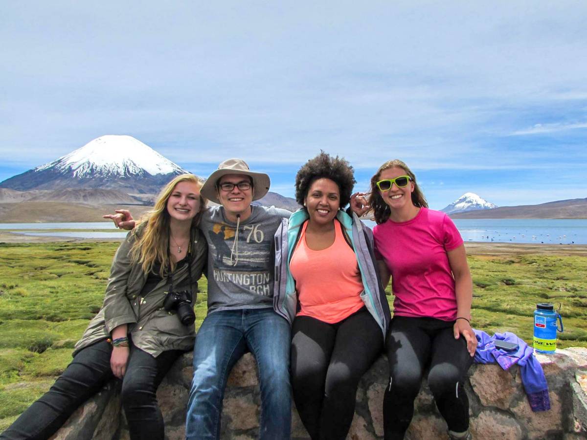 Students pose in from mountain
