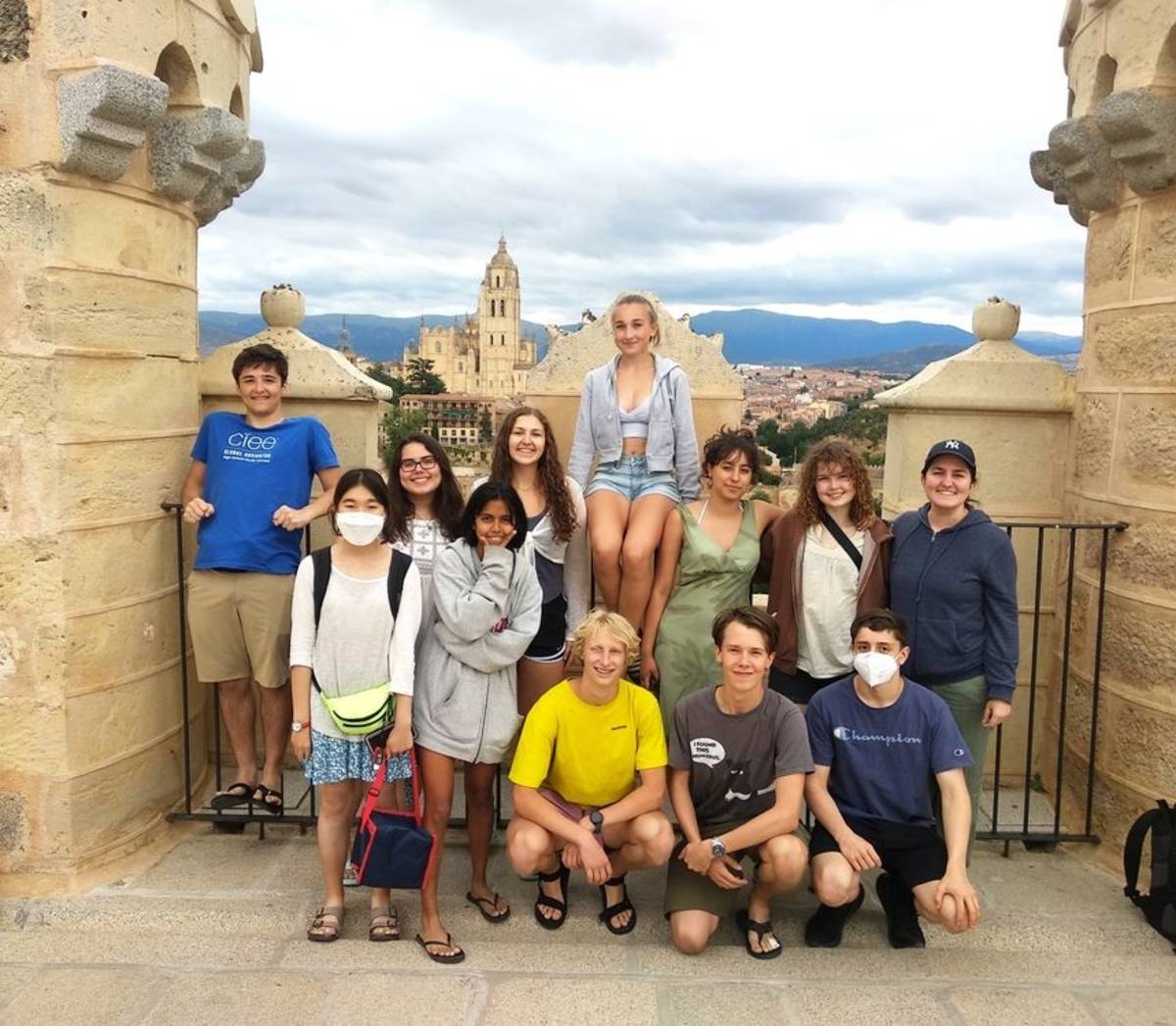 Students posing in Madrid on a cathedral tour