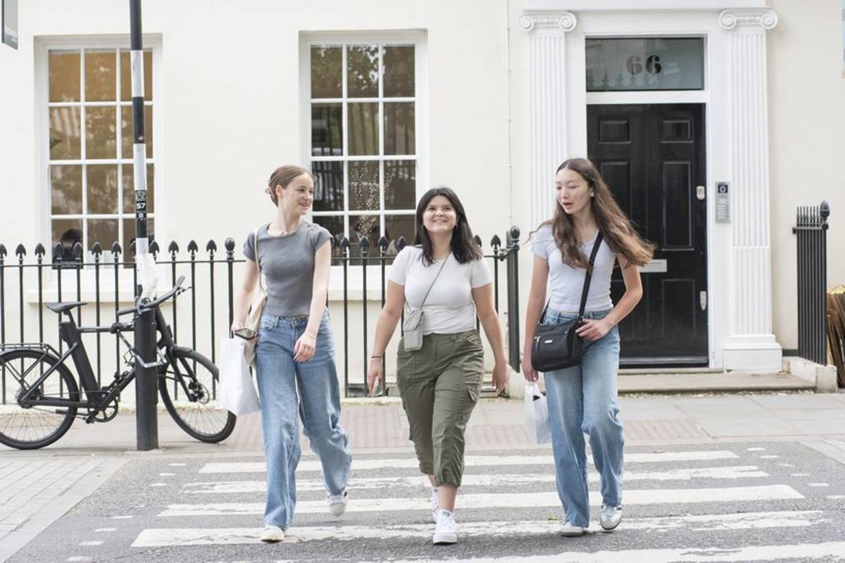Students walking down a London street