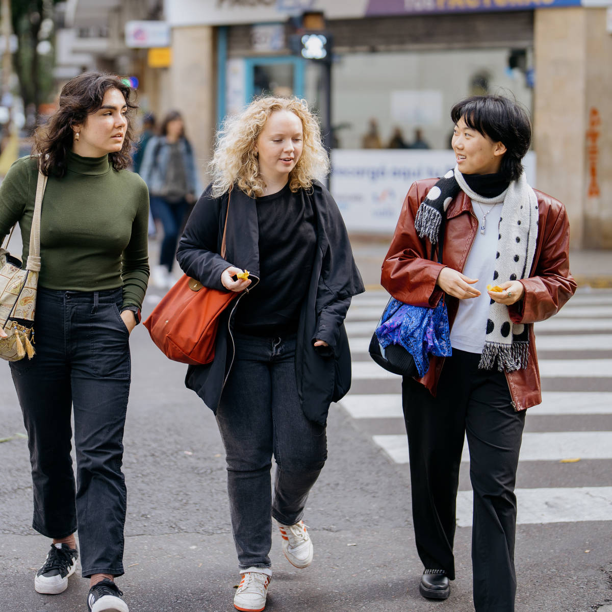 Students walking in the city. 