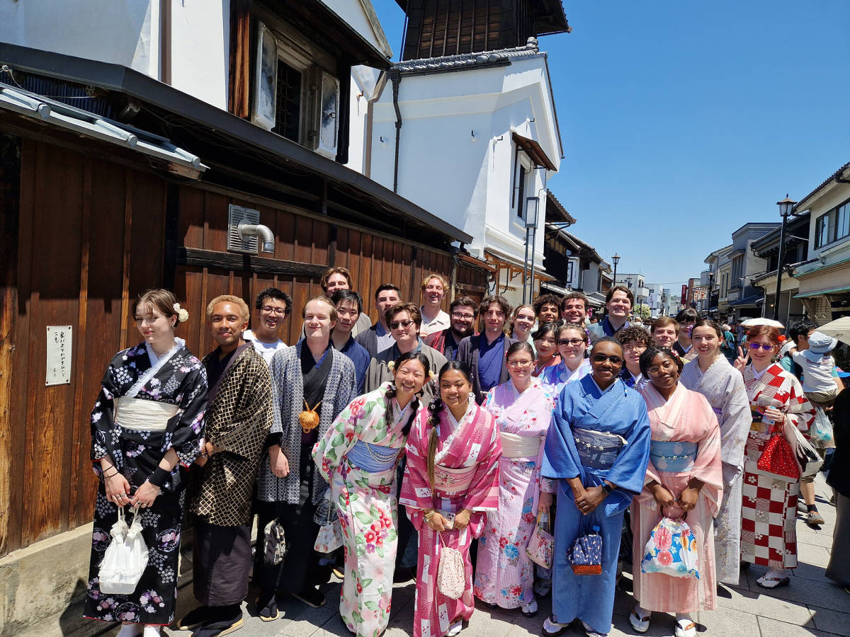 Students wearing traditional Japanese kimonos