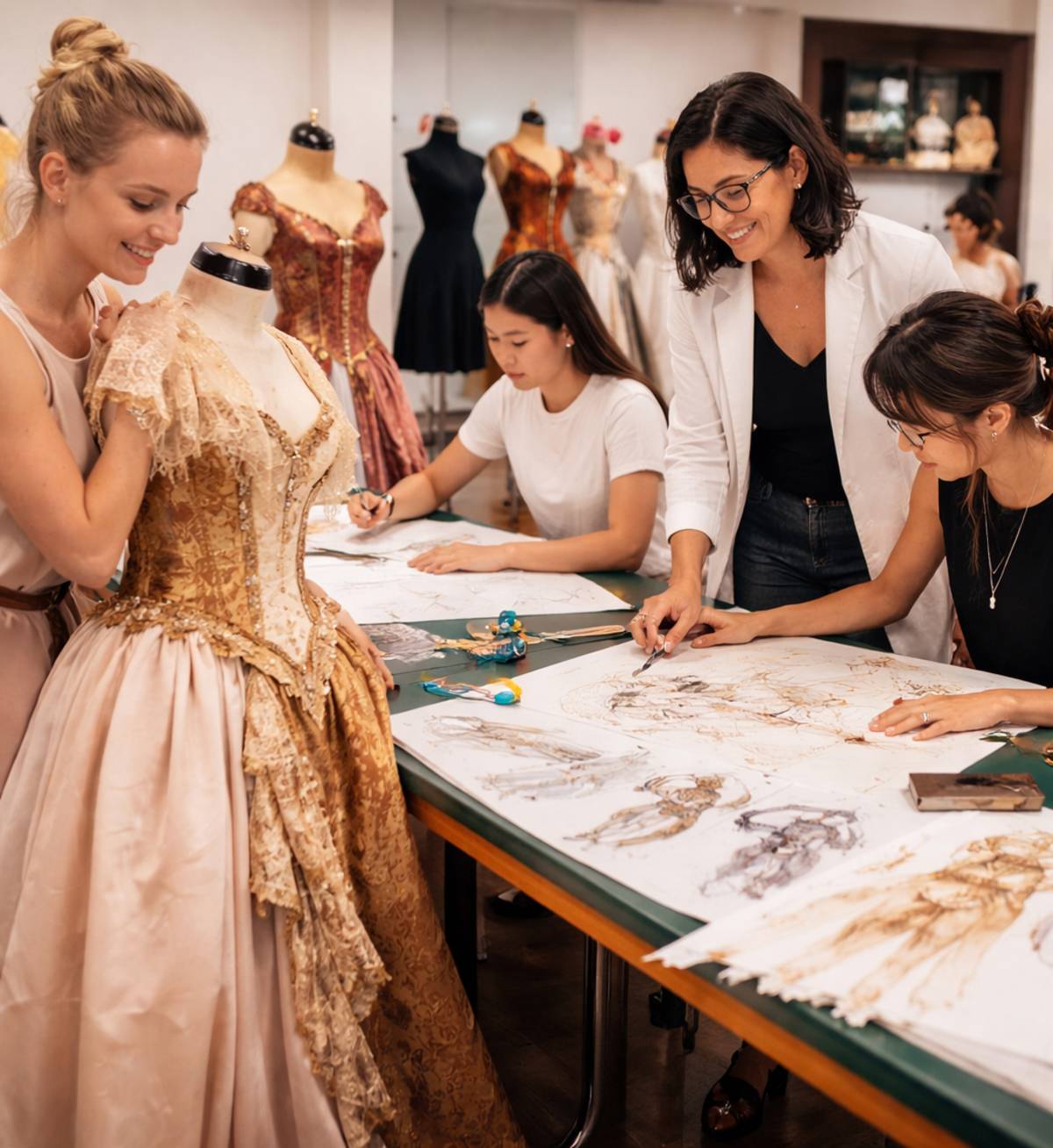 Students working on theatre costume design and pattern making