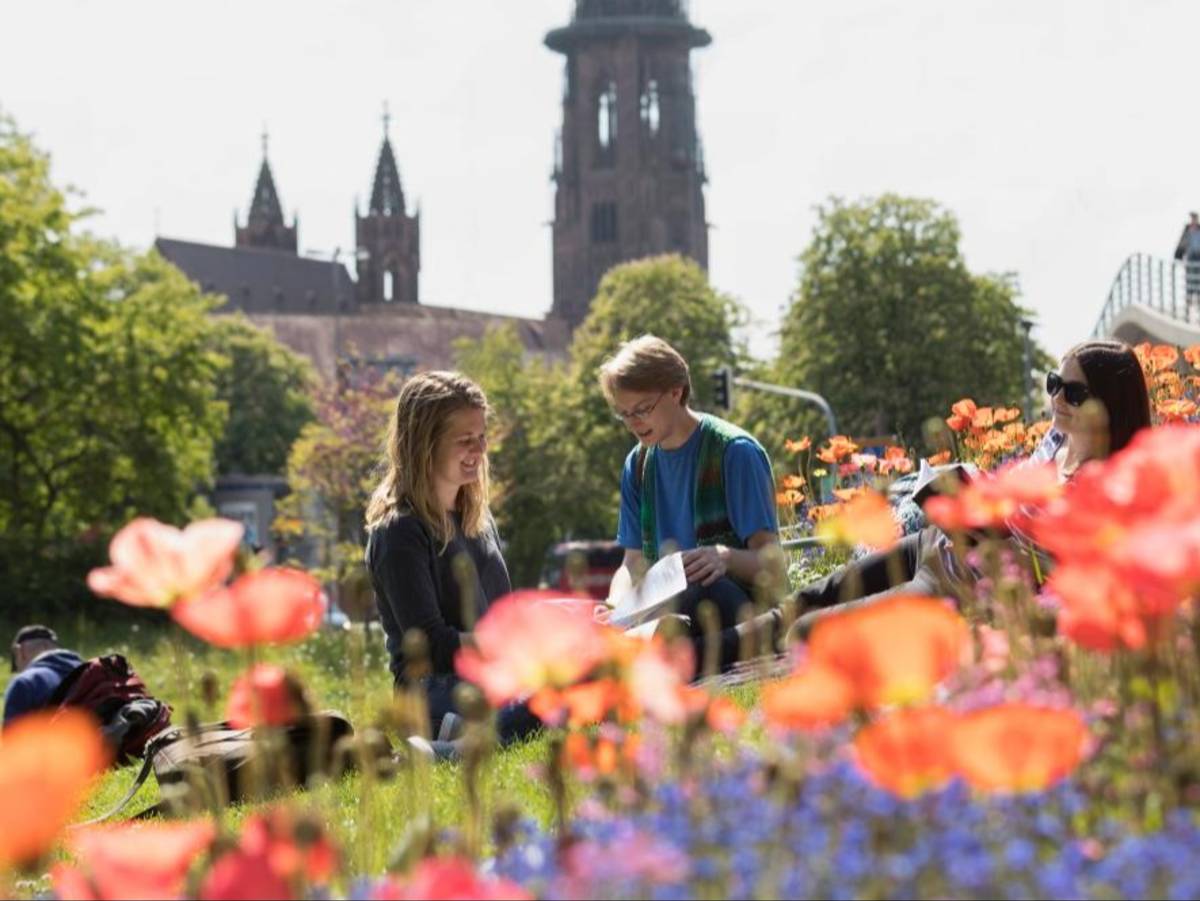 Studying amongst the flower garden in Freiburg, Germany.