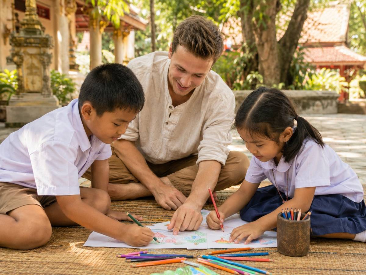 Teacher drawing with two children in a Thai temple courtyard