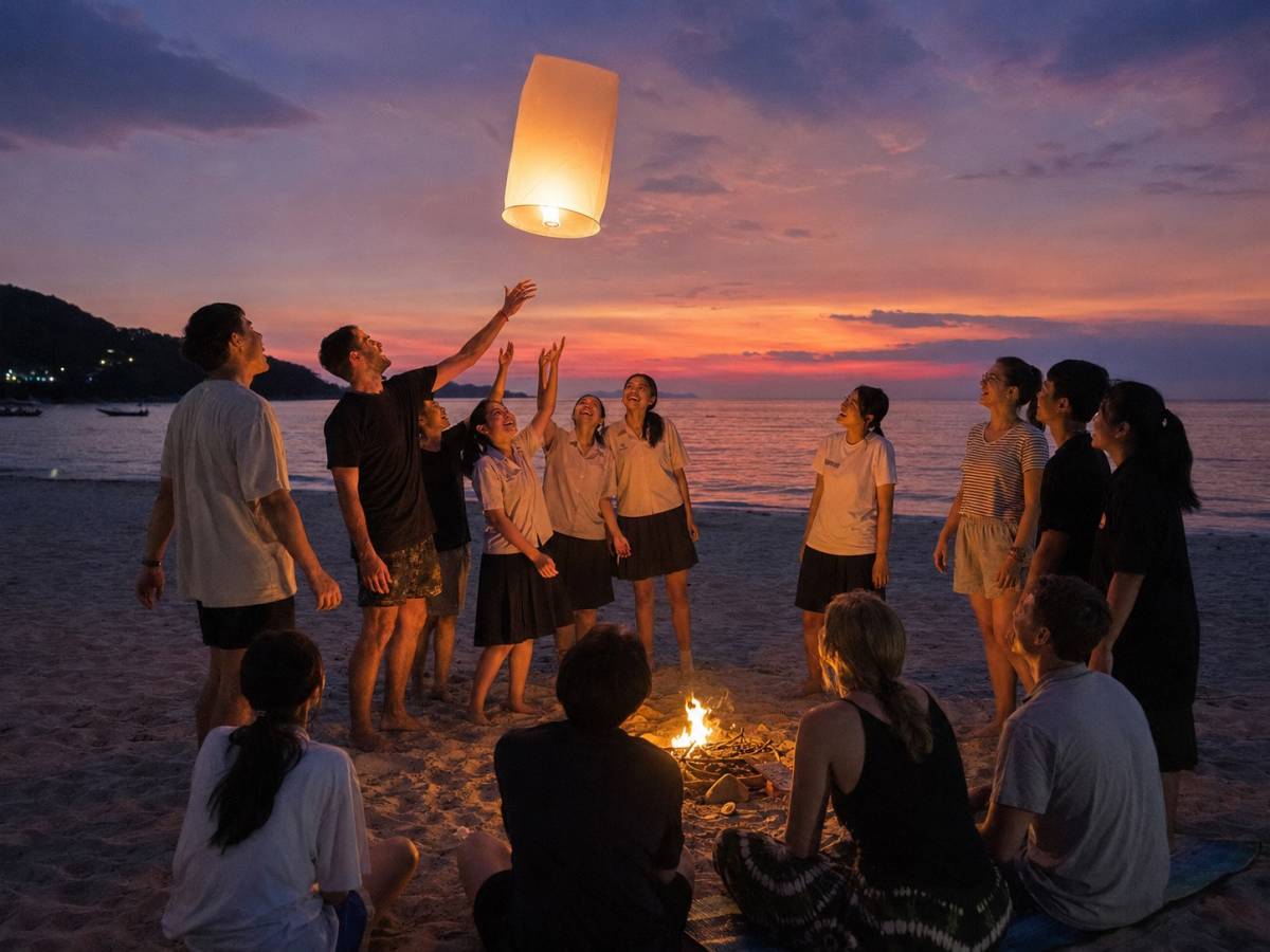 Teachers and Thai students releasing a lantern on the beach