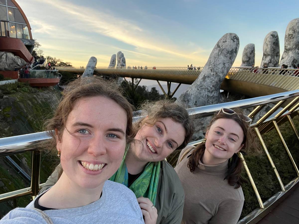 TEFL teachers exploring the Golden Bridge in Da Nang, Vietnam during a weekend trip.