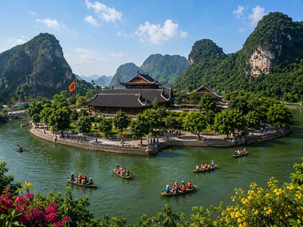 Temple complex among limestone mountains and waterways in Vietnam