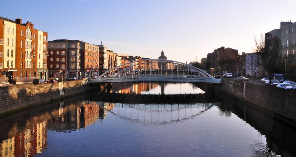 the James Joyce Bridge, a road bridge spanning the River Liffey in Dublin, Ireland