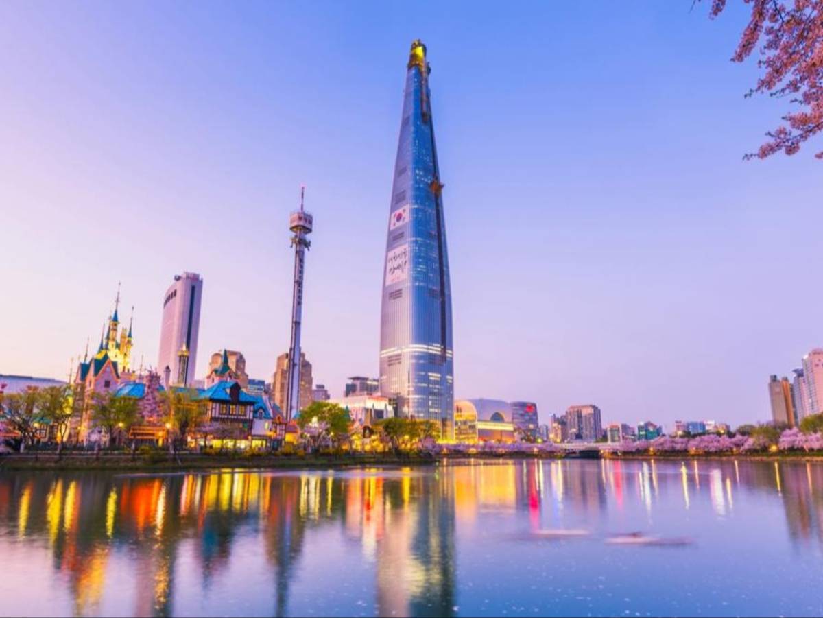 The Seoul skyline at night with cherry blosssoms.