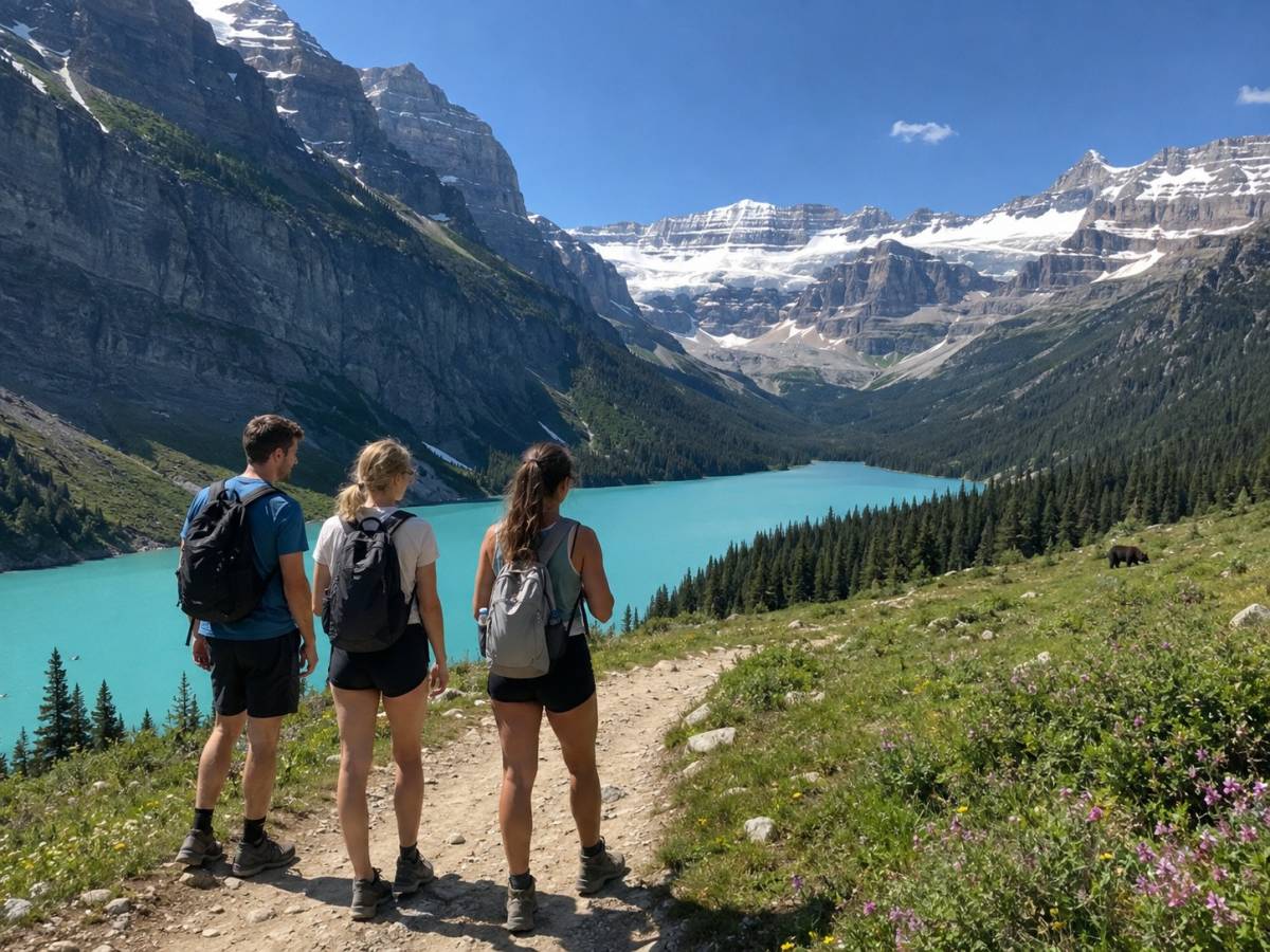 Three friends hiking above Lake Louise with a bear nearby