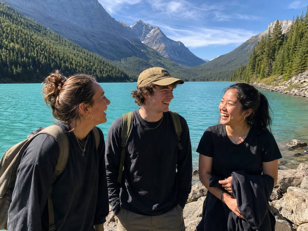 Three young travellers beside a lake in the Canadian Rockies