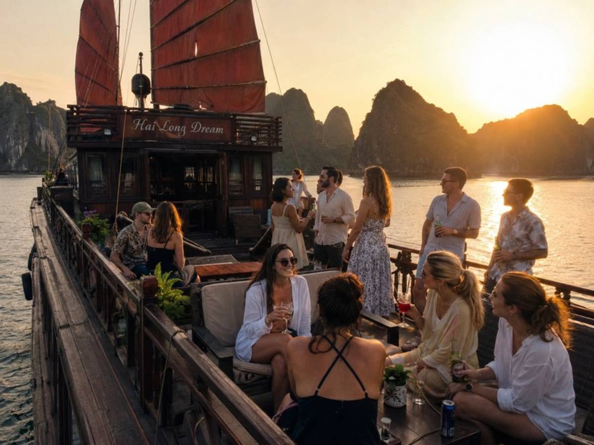Travellers enjoying sunset drinks on a Ha Long Bay cruise