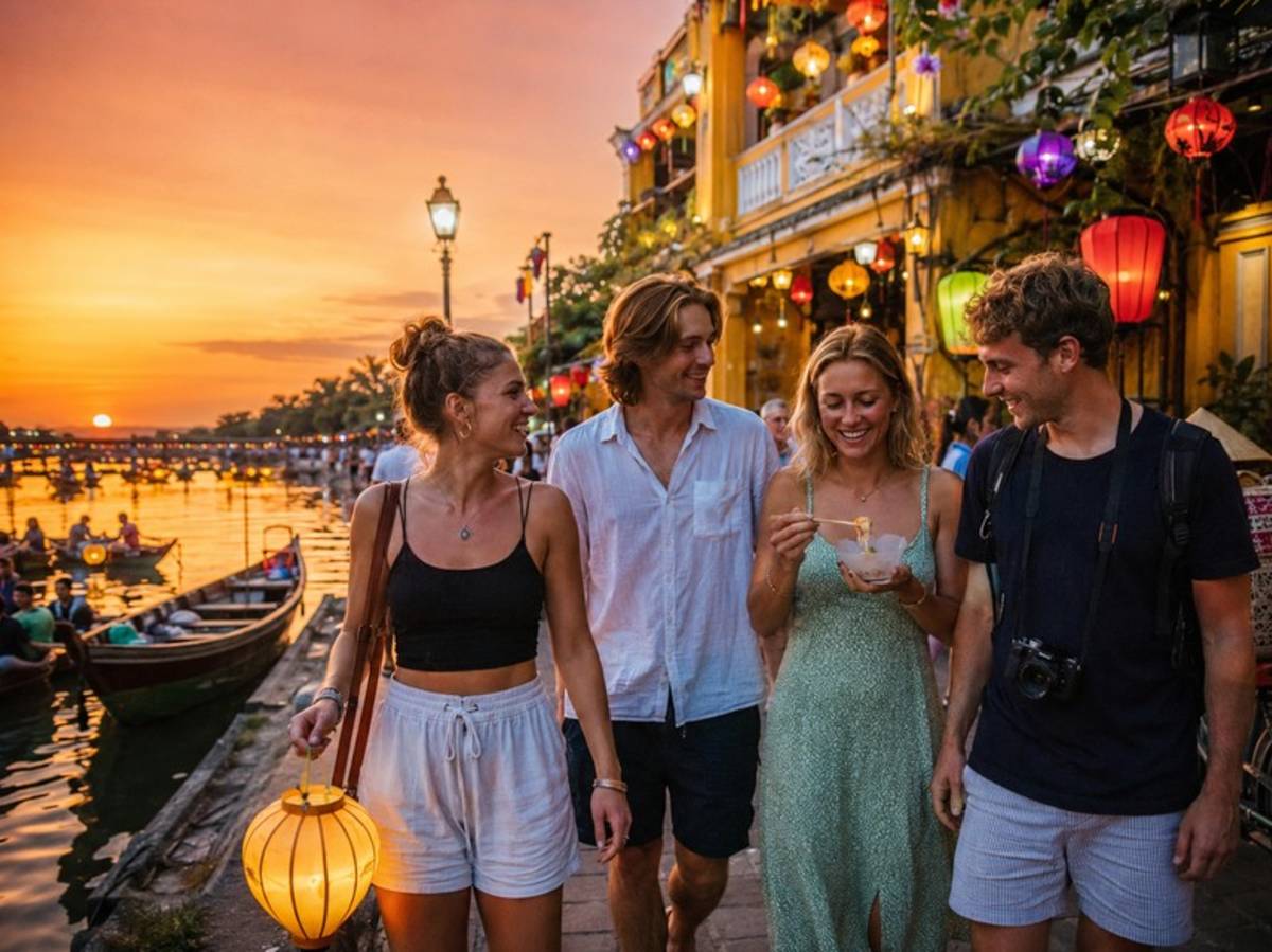 Travellers exploring Hoi An riverside at sunset
