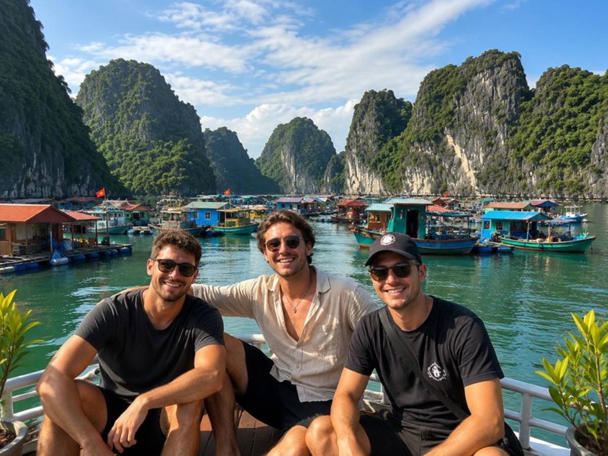 Travellers overlooking a floating village in Ha Long Bay