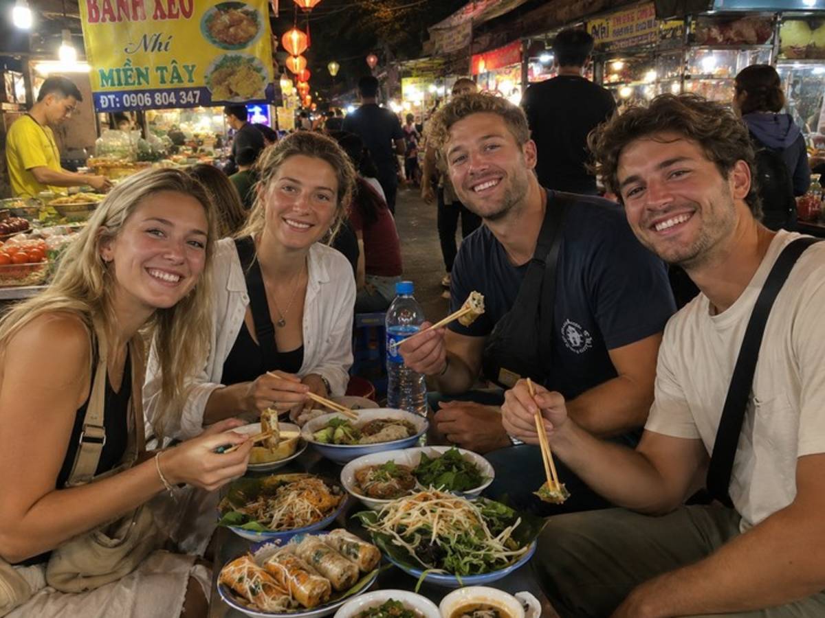 Travellers sharing Vietnamese street food at a night market