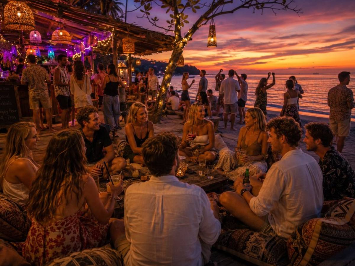Travellers socialising at a beachfront bar during sunset