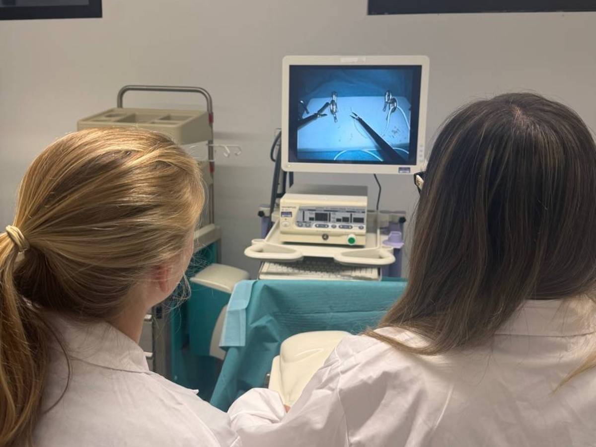 Two students pictured using a simulator mimicking a laparoscopy.