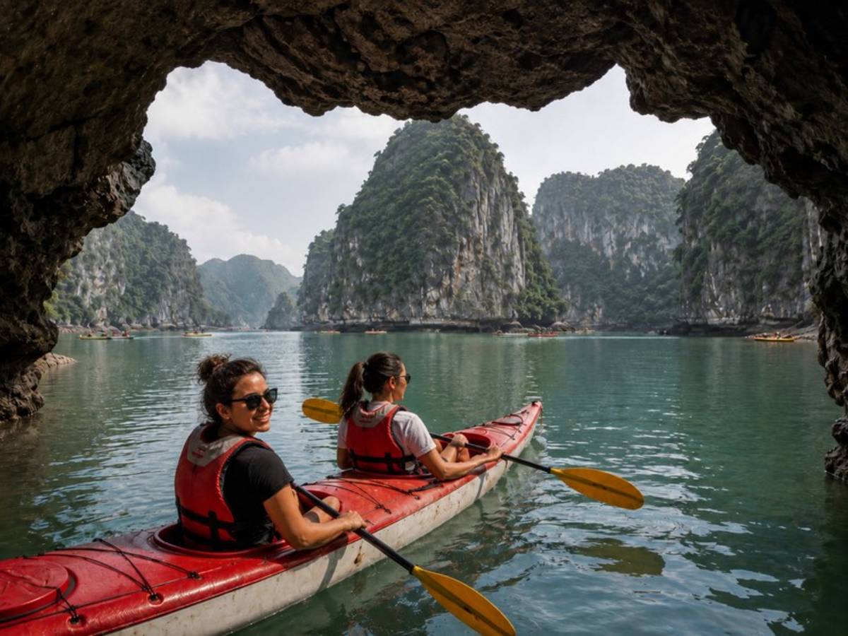 Two travellers kayaking through a limestone bay in Vietnam
